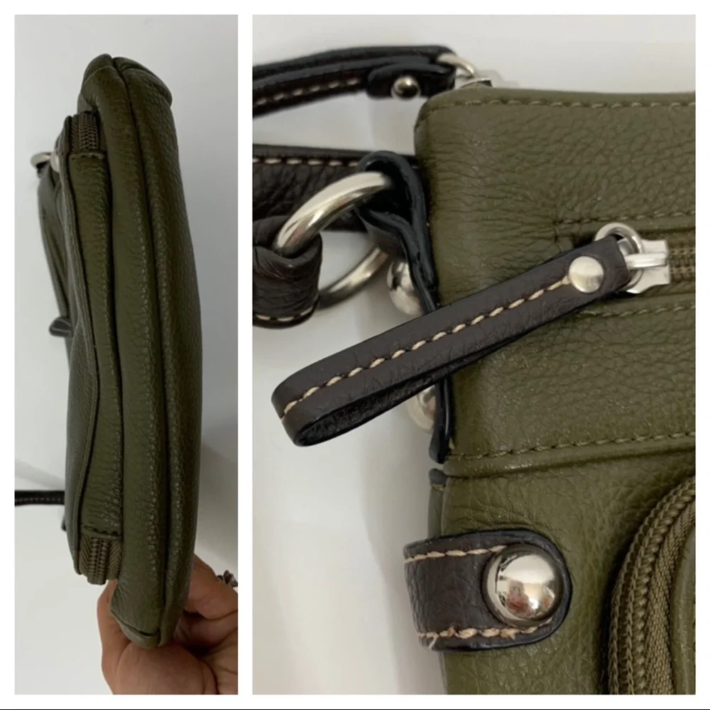 Giani Bernini Olive Green Pebbled Leather Crossbody Bag Purse Multi Compartment